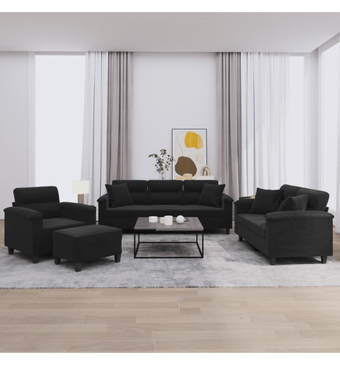Ensemble de canapés 4 pcs avec coussins Noir Tissu microfibre | Mobilier & Déco