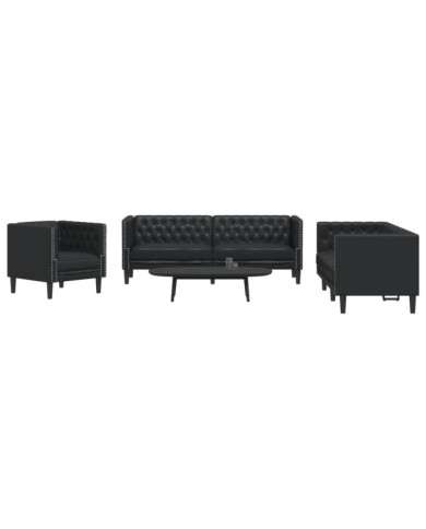 Ensemble de canapé Chesterfield 3 pcs noir similicuir | Mobilier & Déco