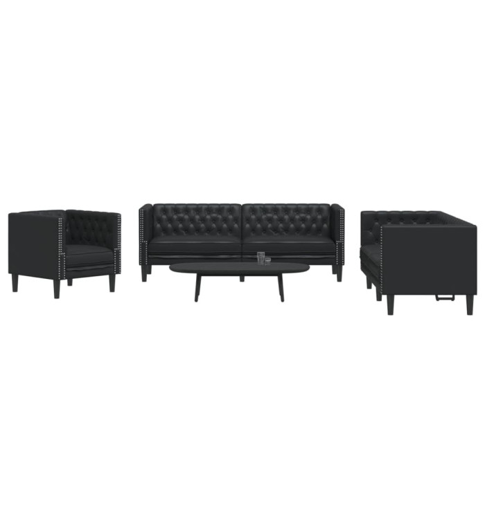 Ensemble de canapé Chesterfield 3 pcs noir similicuir | Mobilier & Déco