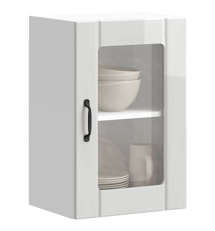 Armoire murale cuisine avec porte en verre Lucca blanc brillant | Mobilier & Déco