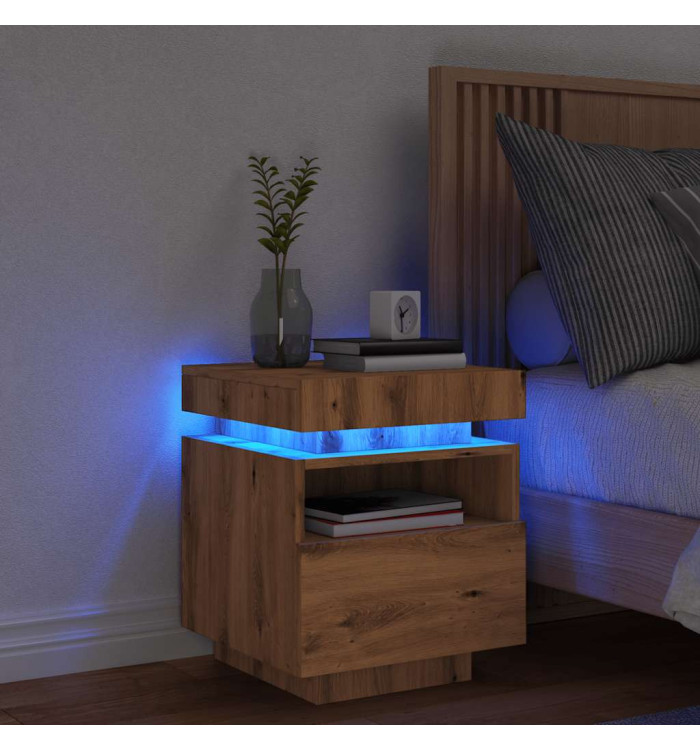Armoire de chevet et lumières LED chêne artisanal 40x39x48,5 cm | Mobilier & Déco