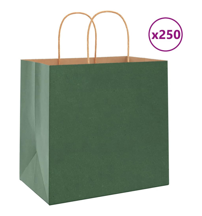 Sacs en papier 250 pcs avec poignées vert 26x17x25 cm | Mobilier & Déco