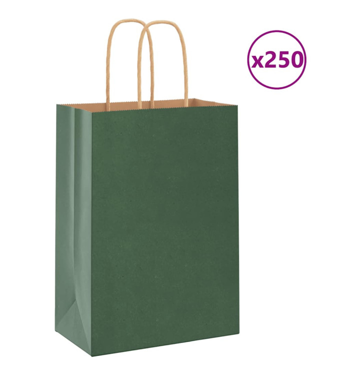 Sacs en papier 250 pcs avec poignées vert 15x8x21 cm | Mobilier & Déco