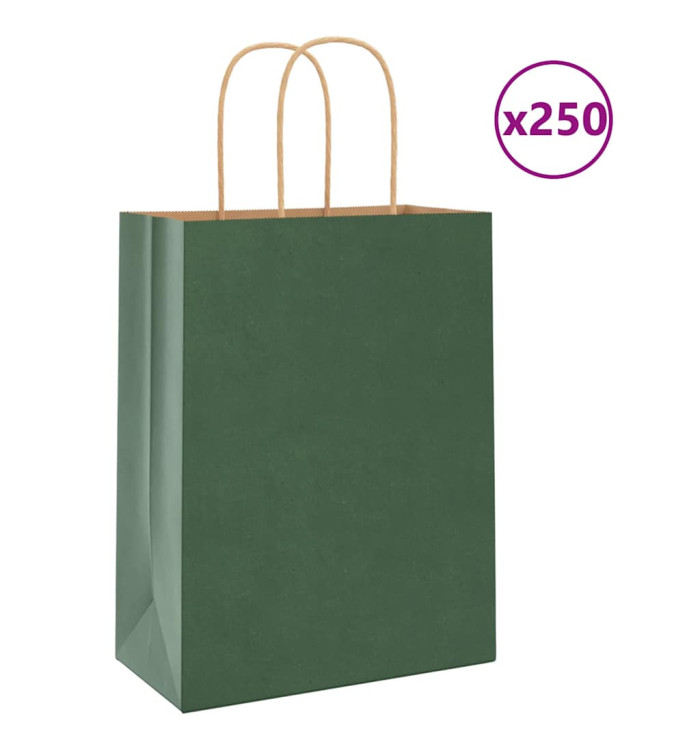 Sacs en papier 250 pcs avec poignées vert 21x11x28 cm | Mobilier & Déco