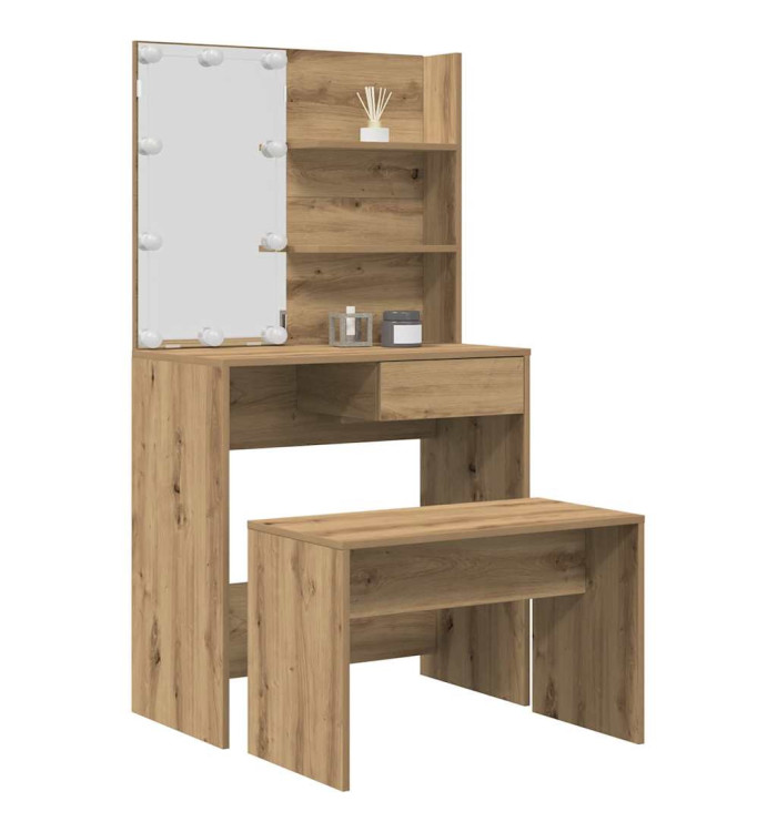 Ensemble de coiffeuse avec LED chêne artisanal bois ingénierie | Mobilier & Déco