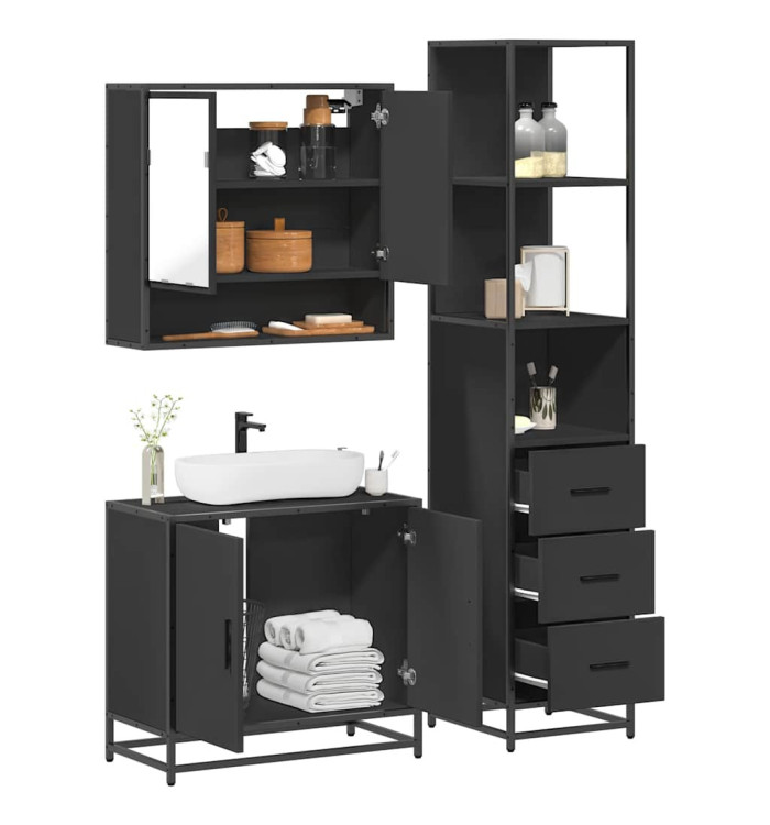 Ensemble de meubles salle de bain 3 pcs noir bois d'ingénierie | Mobilier & Déco