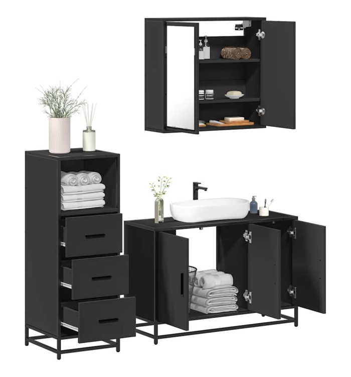 Ensemble de meubles salle de bain 3 pcs noir bois d'ingénierie | Mobilier & Déco