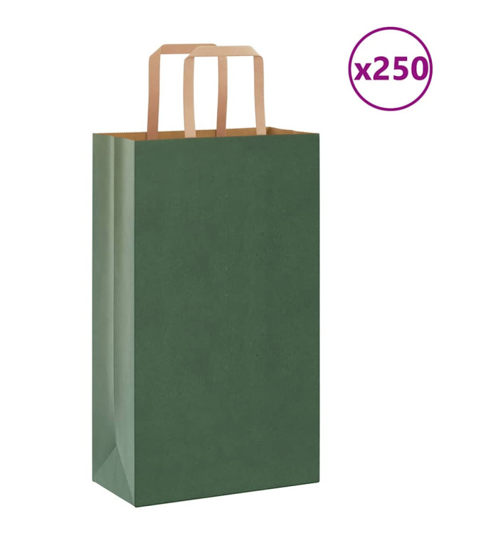 Sacs en papier 250 pcs avec poignées vert 21x11x36 cm | Mobilier & Déco