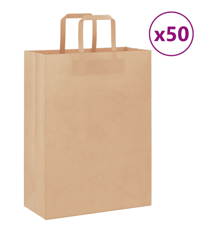 Sacs en papier 50 pcs avec poignées marron 26x12x35 cm | Mobilier & Déco