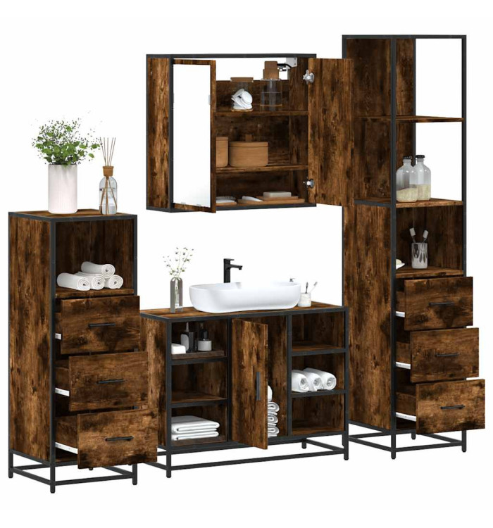 Ensemble meubles salle de bain 4 pcs chêne fumé bois ingénierie | Mobilier & Déco