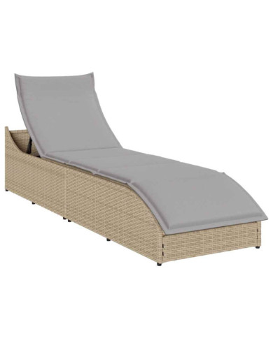 Chaise longue pliante coussin et rangement beige résine tressée | Mobilier & Déco