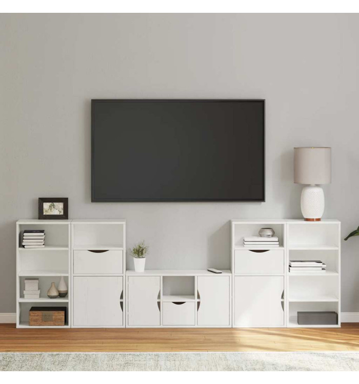 Meubles TV 5 pcs avec rangement ODDA blanc bois de pin massif | Mobilier & Déco
