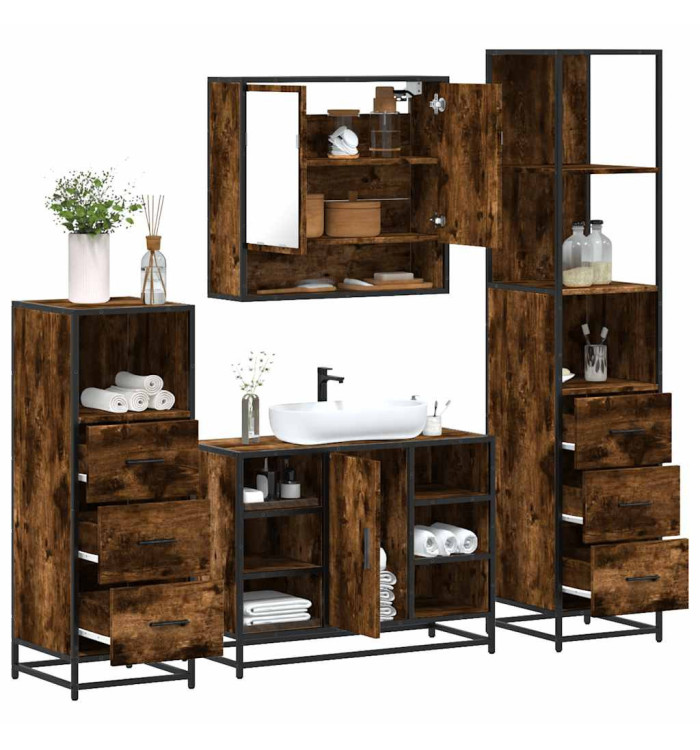 Ensemble meubles salle de bain 4 pcs chêne fumé bois ingénierie | Mobilier & Déco
