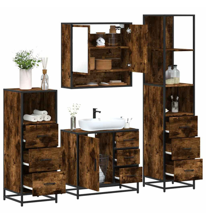 Ensemble meubles salle de bain 4 pcs chêne fumé bois ingénierie | Mobilier & Déco