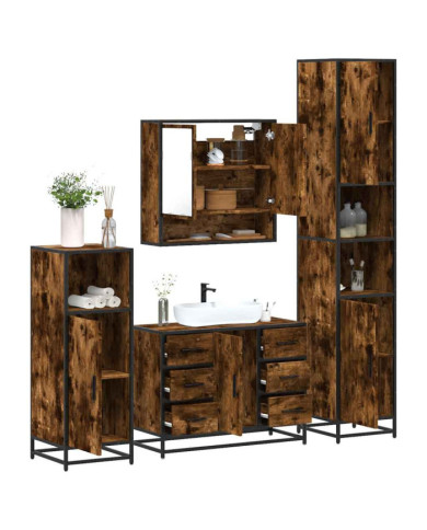 Ensemble meubles salle de bain 4 pcs chêne fumé bois ingénierie | Mobilier & Déco