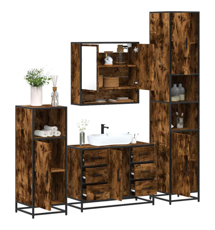 Ensemble meubles salle de bain 4 pcs chêne fumé bois ingénierie | Mobilier & Déco