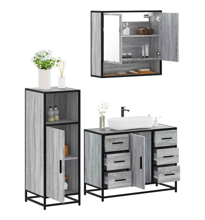 Ensemble de meubles de salle de bain 3 pcs Sonoma gris | Mobilier & Déco