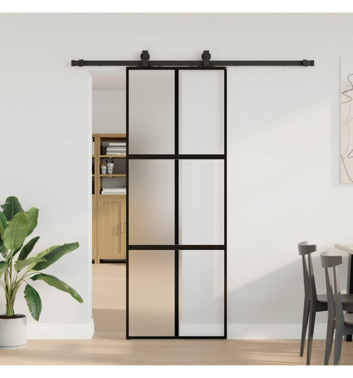 Porte coulissante kit quincaillerie noir 76x205 cm verre trempé | Mobilier & Déco