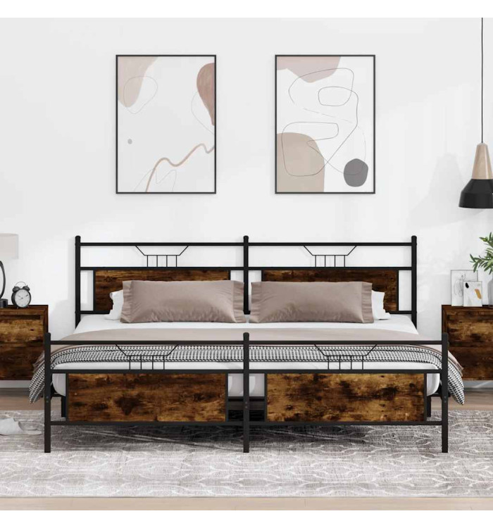 Cadre de lit en métal sans matelas chêne fumé 193x203 cm | Mobilier & Déco
