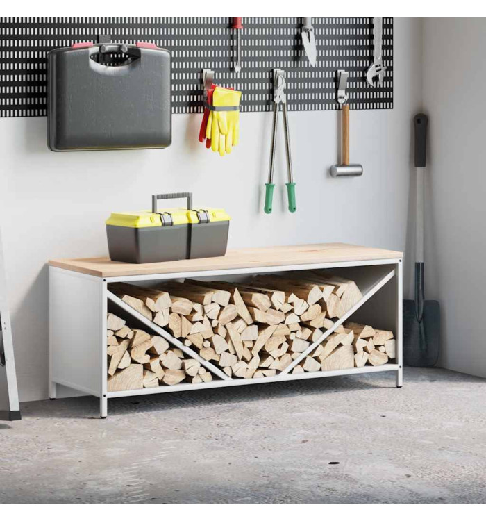 Étagère à bois de chauffage avec plateau en bois blanc | Mobilier & Déco