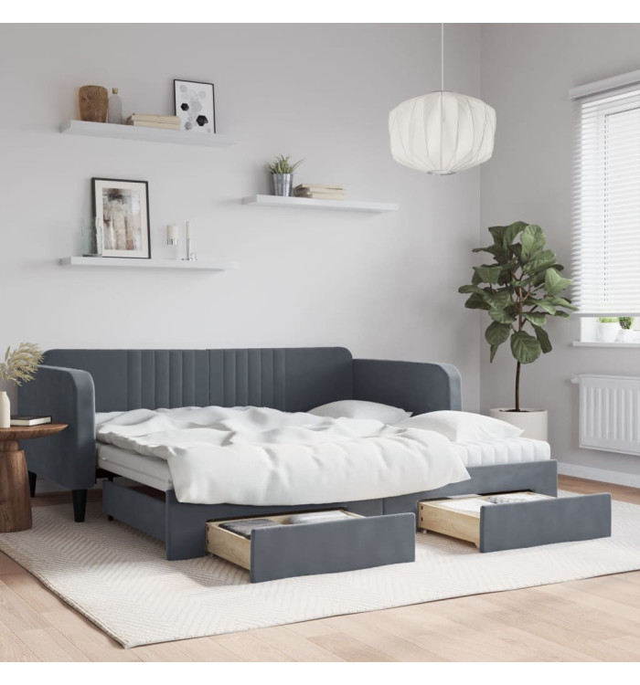 Lit de jour avec gigogne et tiroirs gris foncé 90x190cm velours | Mobilier & Déco