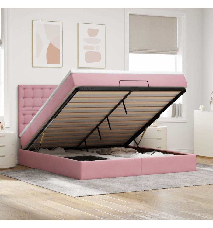 Cadre de lit ottoman avec matelas rose 160x200 cm velours | Mobilier & Déco