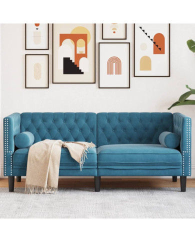 Canapé Chesterfield avec traversins 2 places bleu velours | Mobilier & Déco