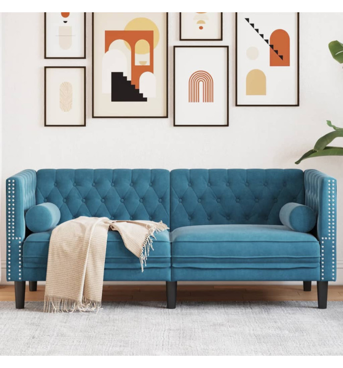 Canapé Chesterfield avec traversins 2 places bleu velours | Mobilier & Déco