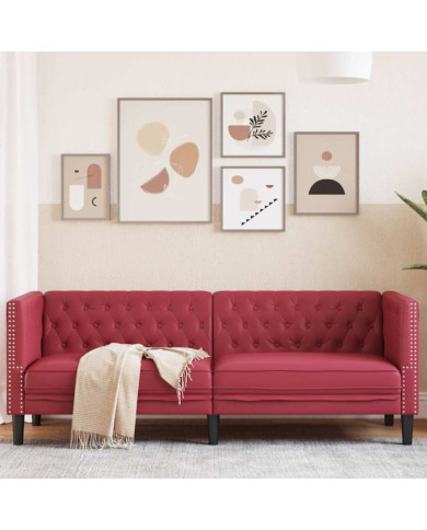 Canapé à 3 places Chesterfield rouge bordeaux similicuir | Mobilier & Déco