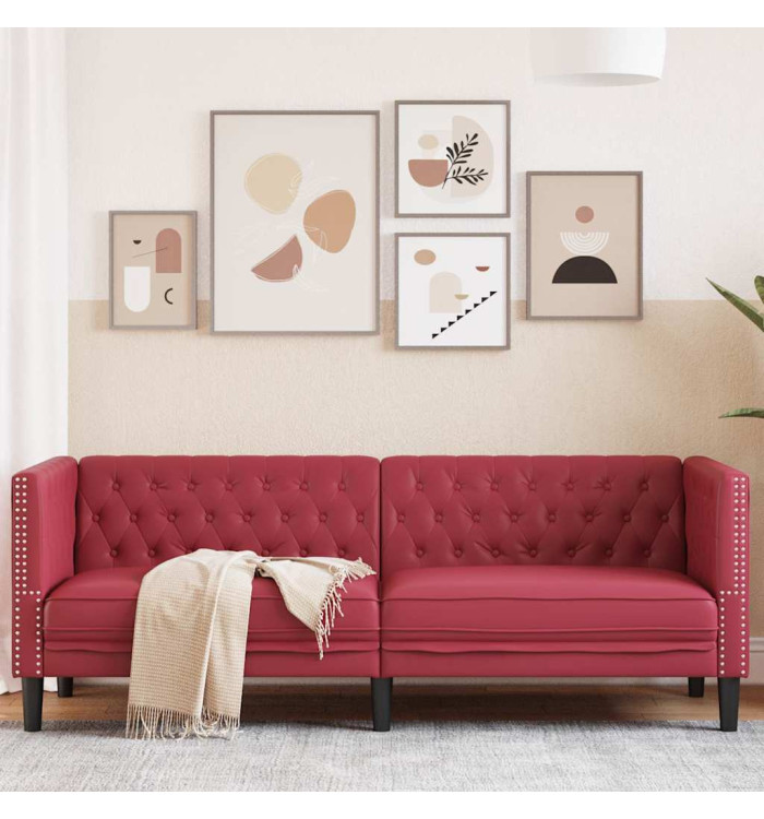 Canapé à 3 places Chesterfield rouge bordeaux similicuir | Mobilier & Déco