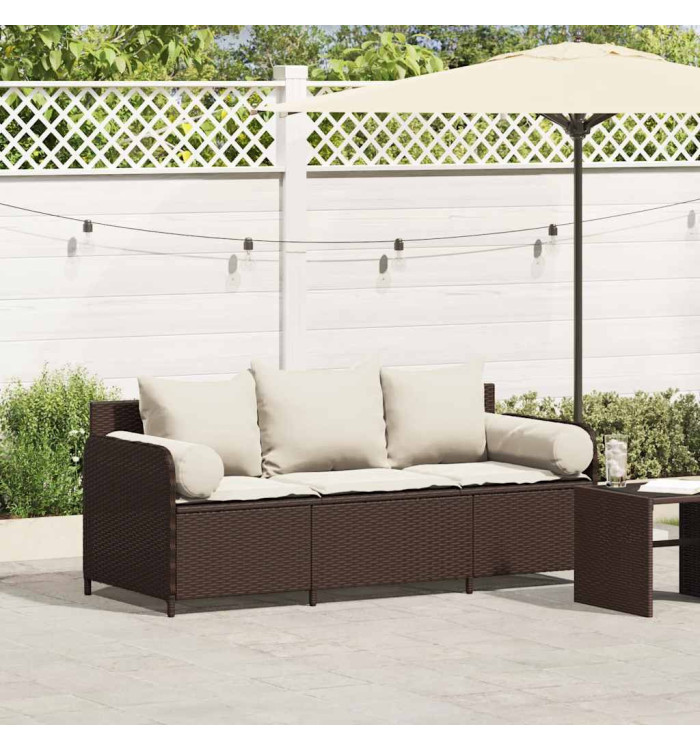 Canapé de jardin avec coussins 3 places brun résine tressée | Mobilier & Déco