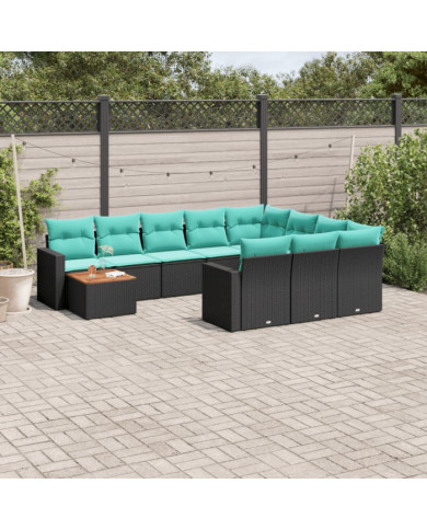 Salon de jardin 11 pcs avec coussins noir résine tressée | Mobilier & Déco