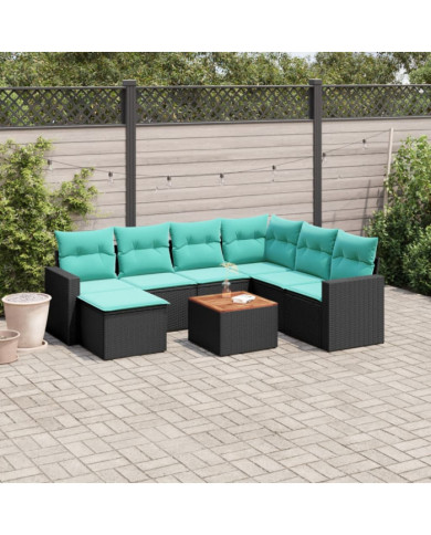 Salon de jardin 8 pcs avec coussins noir résine tressée | Mobilier & Déco