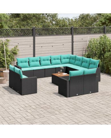 Salon de jardin avec coussins 13 pcs noir résine tressée | Mobilier & Déco
