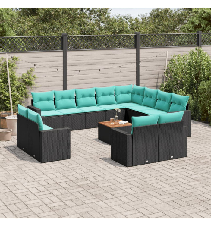 Salon de jardin avec coussins 13 pcs noir résine tressée | Mobilier & Déco