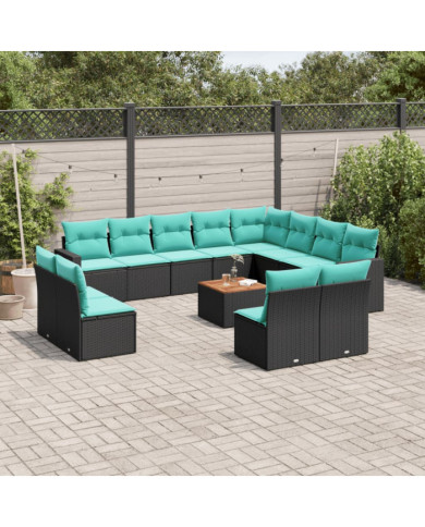 Salon de jardin avec coussins 13 pcs noir résine tressée | Mobilier & Déco
