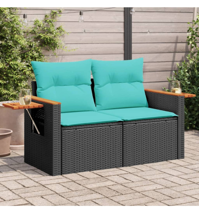 Canapé de jardin avec coussins 2 places noir résine tressée | Mobilier & Déco