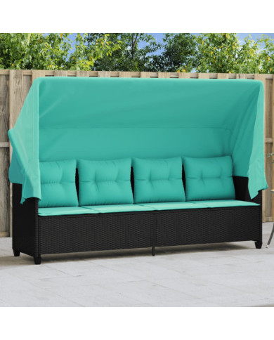 Chaise longue avec auvent et coussins noir résine tressée | Mobilier & Déco