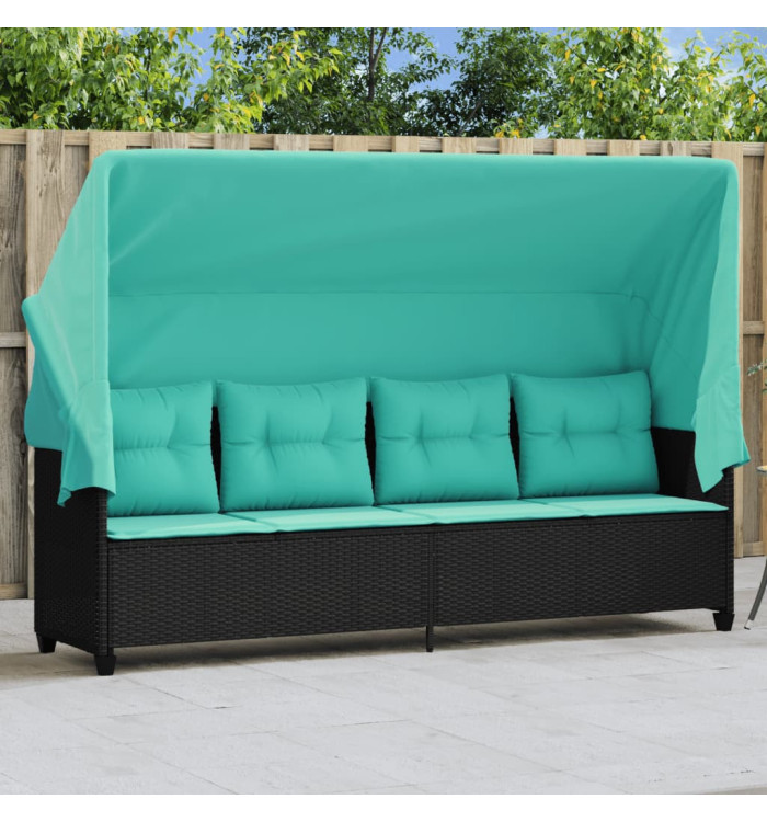 Chaise longue avec auvent et coussins noir résine tressée | Mobilier & Déco
