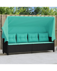 Chaise longue avec auvent et coussins noir résine tressée | Mobilier & Déco