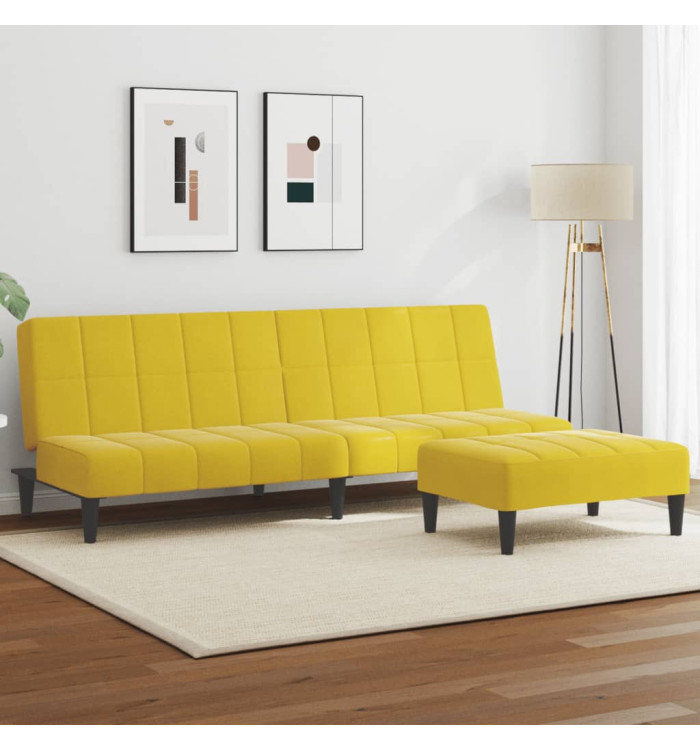 Canapé-lit à 2 places avec repose-pied jaune velours | Mobilier & Déco