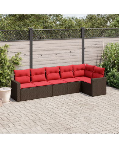 Salon de jardin 6 pcs avec coussins marron résine tressée | Mobilier & Déco