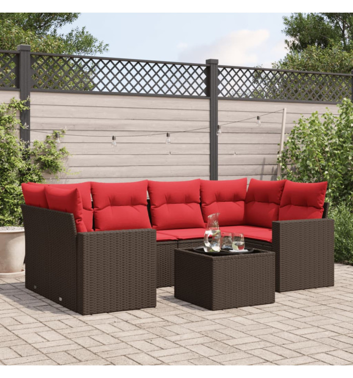 Salon de jardin avec coussins 7 pcs marron résine tressée | Mobilier & Déco