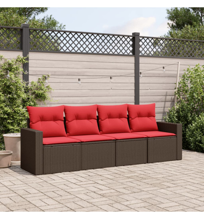 Salon de jardin 4 pcs avec coussins marron résine tressée | Mobilier & Déco