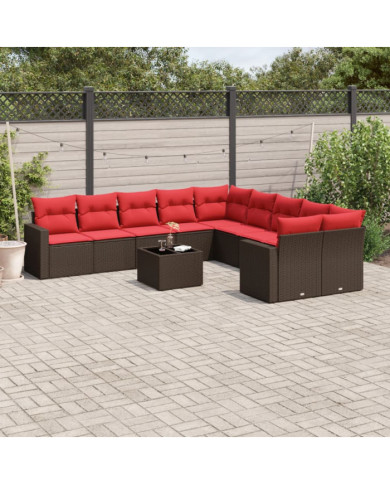 Salon de jardin et coussins 11 pcs marron résine tressée | Mobilier & Déco