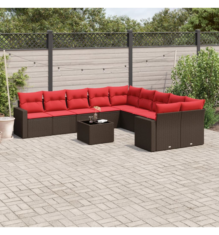 Salon de jardin et coussins 11 pcs marron résine tressée | Mobilier & Déco
