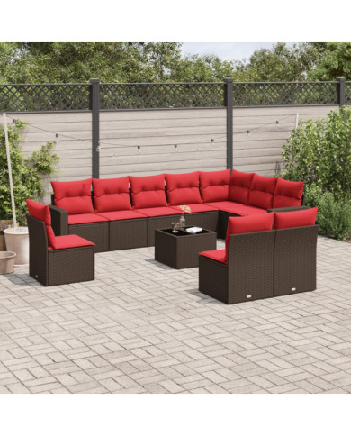 Salon de jardin et coussins 11 pcs marron résine tressée | Mobilier & Déco