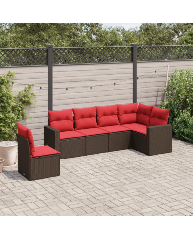 Salon de jardin 6 pcs avec coussins marron résine tressée | Mobilier & Déco