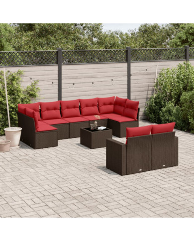 Salon de jardin 10 pcs avec coussins marron résine tressée | Mobilier & Déco