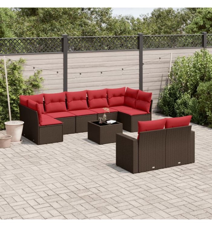 Salon de jardin 10 pcs avec coussins marron résine tressée | Mobilier & Déco